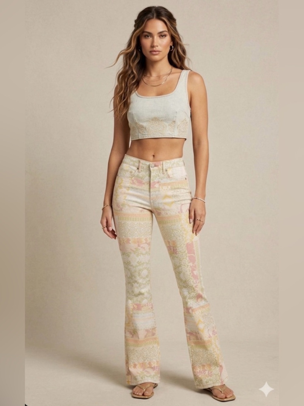 Jessica Simpson Pastel Patchwork Mid-Rise Fitted Flare Daisy Jeans